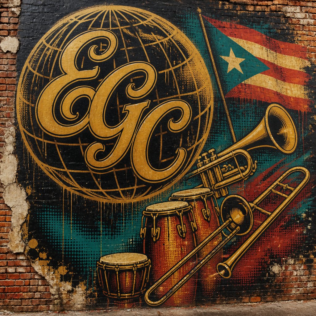 Street-art mural on a brick wall: a giant gold wireframe globe with the interlocking script letters E, G and C across it, a Puerto Rican flag, a trumpet, a trombone, congas and a bongo spilling out below